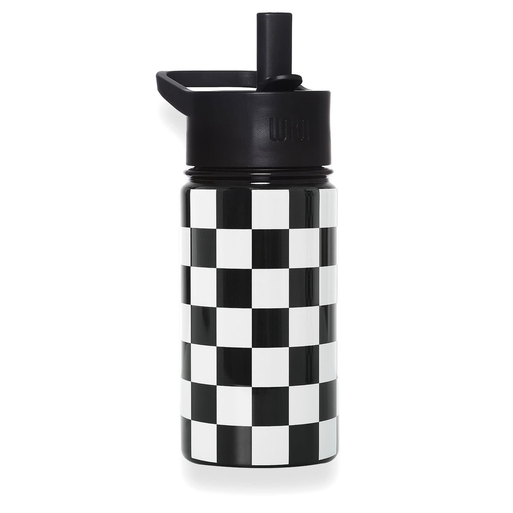 Black and white checkered water bottle with black lid on a white background