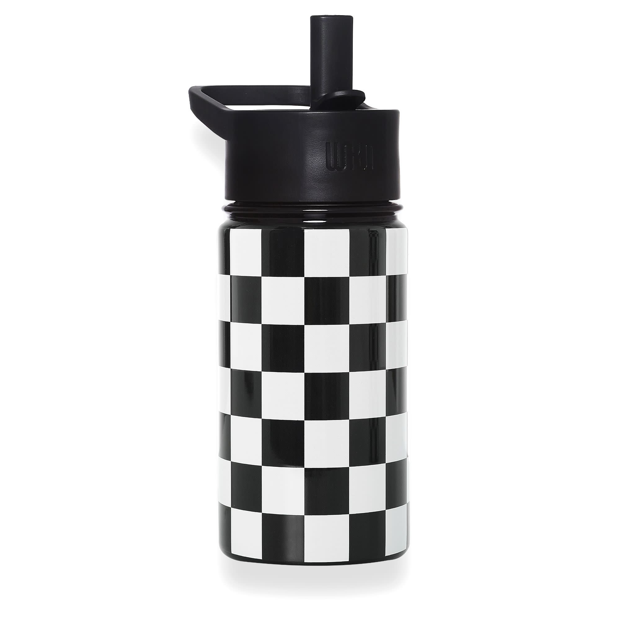 Black and white checkered water bottle with black lid on a white background