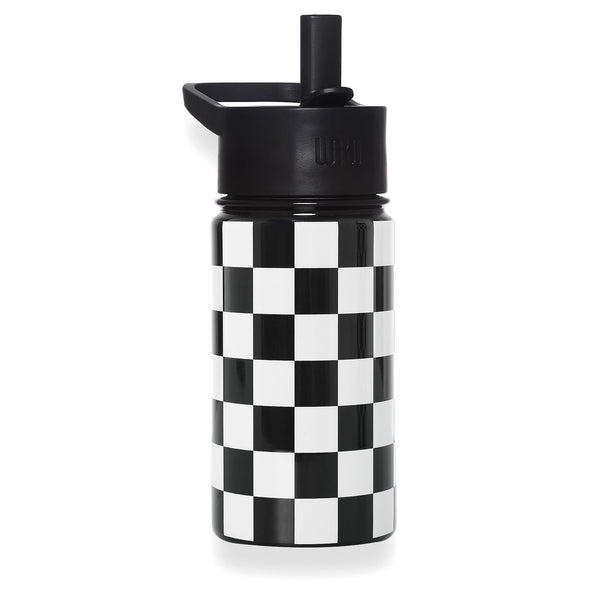 Black and white checkered water bottle with black lid on a white background