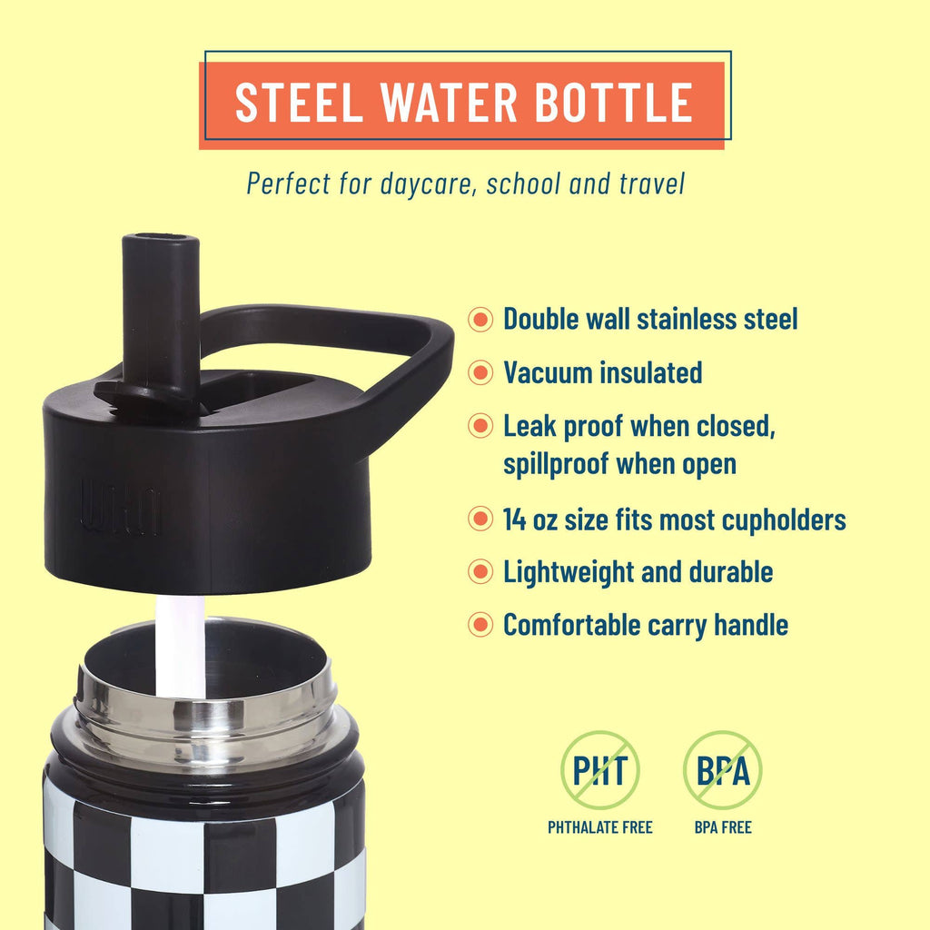 Black and silver steel water bottle with features listed on a yellow background