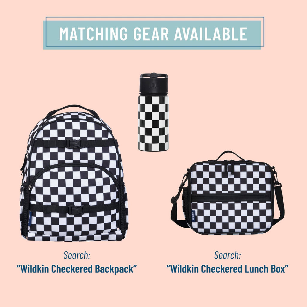 Checkered backpack, lunch box, and tumbler on a pink background with text 'Matching Gear Available'.