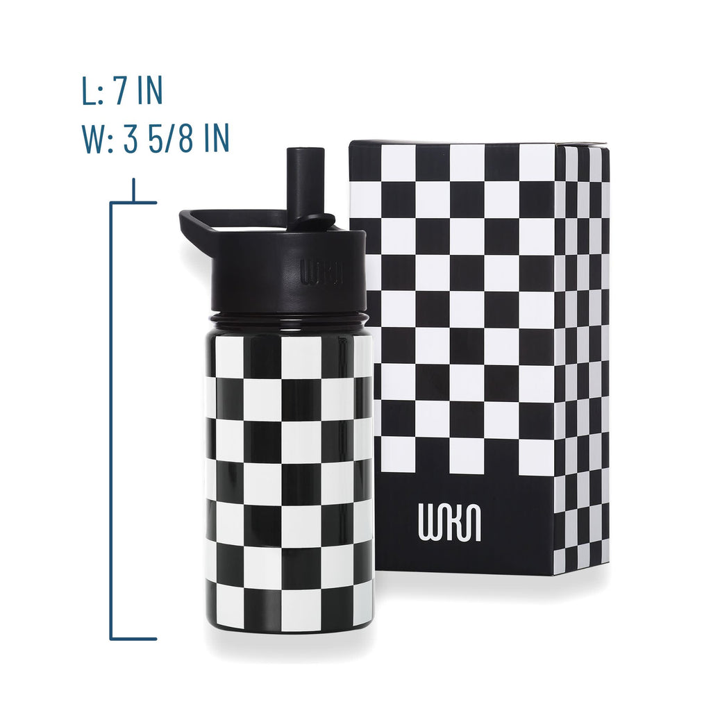 Black and white checkered water bottle with dimensions and WSKN branding on a white background