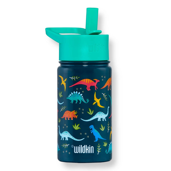 Children's water bottle with dinosaur design and teal lid on a white background