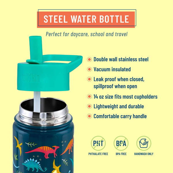 Children's steel water bottle with dinosaur design on a yellow background