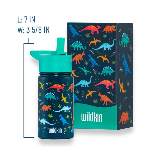 Children's water bottle with dinosaur design and matching box, featuring the brand 'wildkin'.