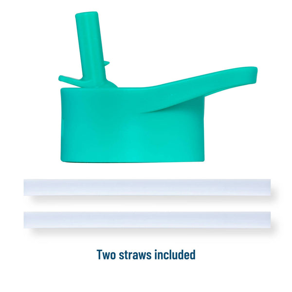 Turquoise silicone straw lid with two white straws on a white background