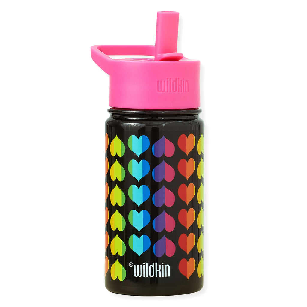 A black insulated water bottle with a bright pink lid and straw, decorated with a colorful pattern of rainbow gradient hearts. The brand name 'wildkin' is printed in white near the bottom.
