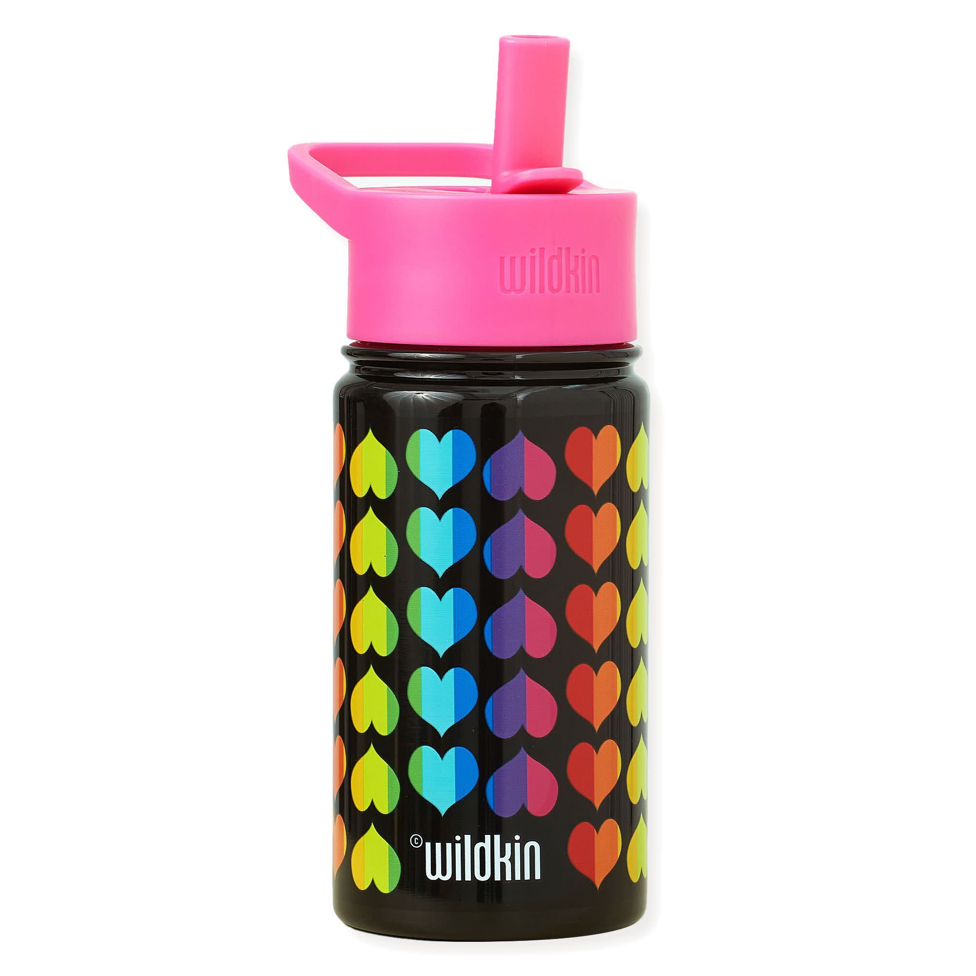 A black insulated water bottle with a bright pink lid and straw, decorated with a colorful pattern of rainbow gradient hearts. The brand name 'wildkin' is printed in white near the bottom.