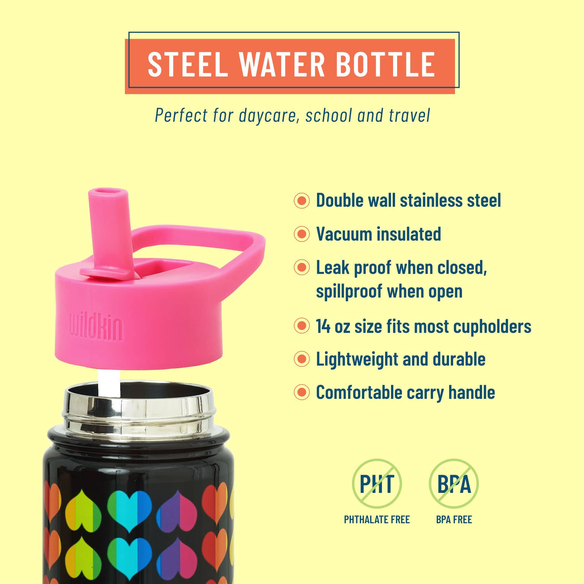 A promotional product graphic for a steel water bottle. The bottle has a black body with a colorful heart pattern and a bright pink lid and straw.