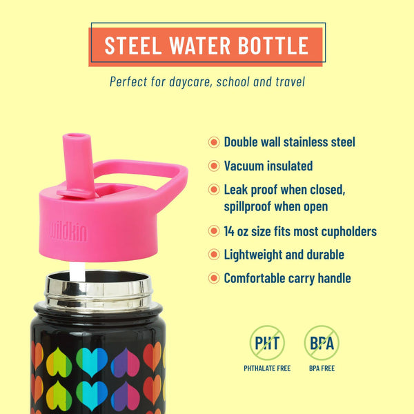 A promotional product graphic for a steel water bottle. The bottle has a black body with a colorful heart pattern and a bright pink lid and straw.