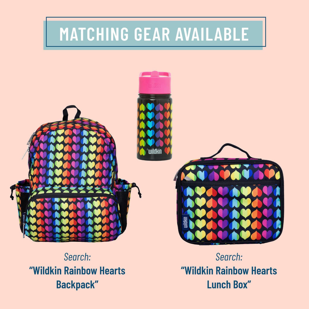 A promotional graphic showing a matching school gear set with a backpack, water bottle, and lunch box on a pale pink background. The products all have a black base covered in a repeating rainbow heart pattern, with the water bottle having a bright pink lid.