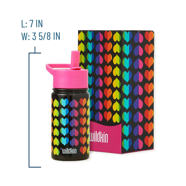 Wildkin insulated water bottle with a bright pink lid and a black body covered in a colorful repeating heart pattern, shown next to its matching retail box. Blue text on the left reads 'L: 7 IN W: 3 5/8 IN' with measurement brackets.
