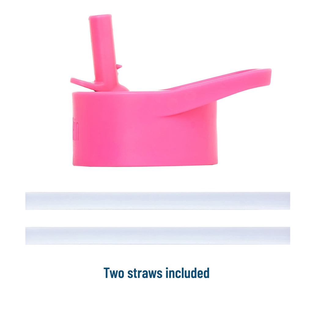 A bright pink silicone tumbler lid with a flip-up straw and side spout, shown above two clear replacement straws on a white background, with the text 'Two straws included' below.