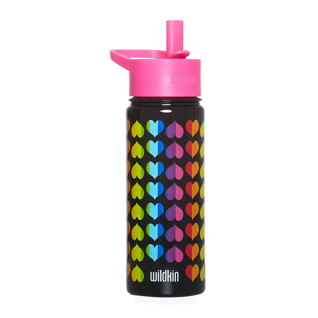 A black insulated water bottle with a bright pink flip-top lid and a colorful heart pattern on the body, shown on a plain white background.