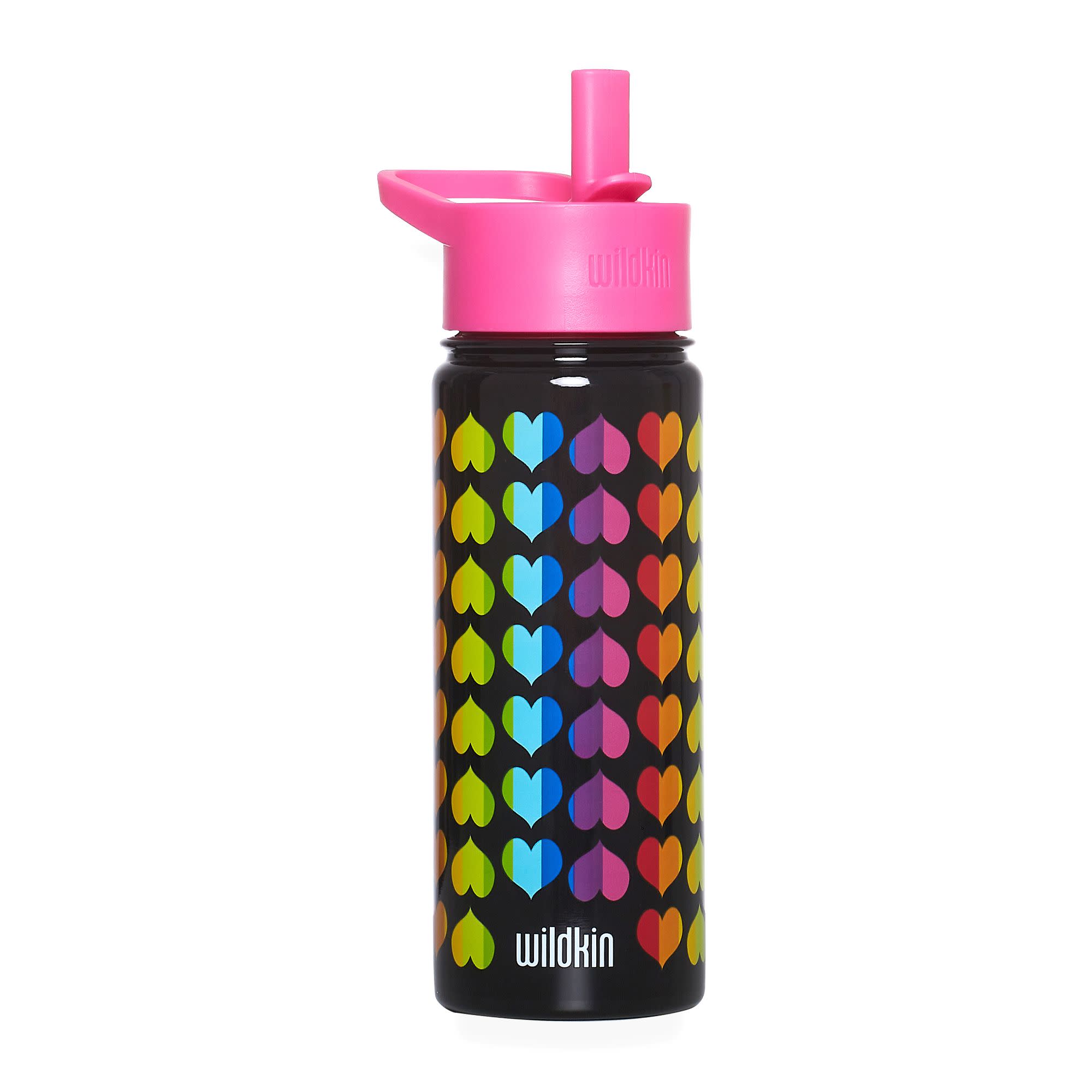 A black insulated water bottle with a bright pink flip-top lid and a colorful heart pattern on the body, shown on a plain white background.