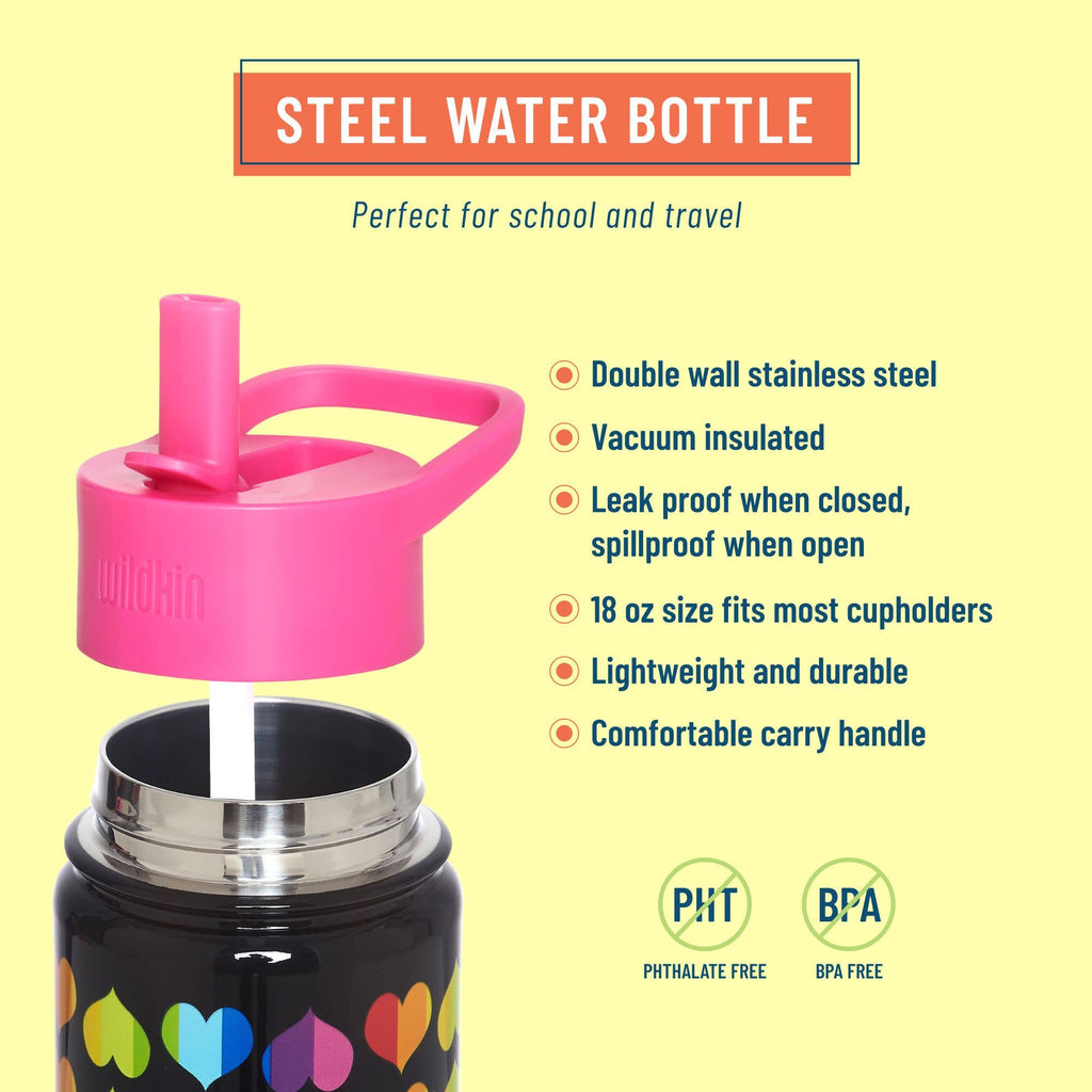 A promotional product graphic for a steel water bottle. The bottle has a bright pink lid with a carry handle and straw, shown open with the inner bottle visible.