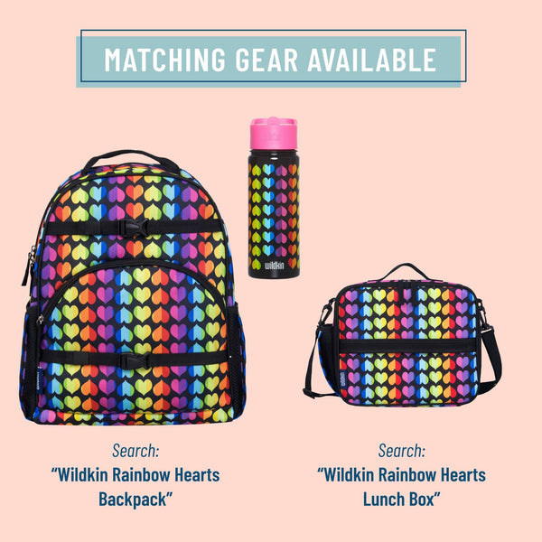 A matching backpack and lunch box set with a repeating rainbow heart pattern, shown on a pale pink background with text reading 'MATCHING GEAR AVAILABLE' and search labels for the backpack and lunch box.