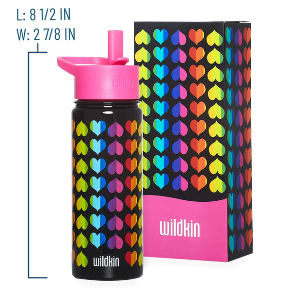 Wildkin insulated water bottle with a bright pink lid and a black body covered in a colorful repeating heart pattern, shown next to its matching box. Blue text on the left indicates dimensions: 8 1/2 IN height and 2 7/8 IN width.