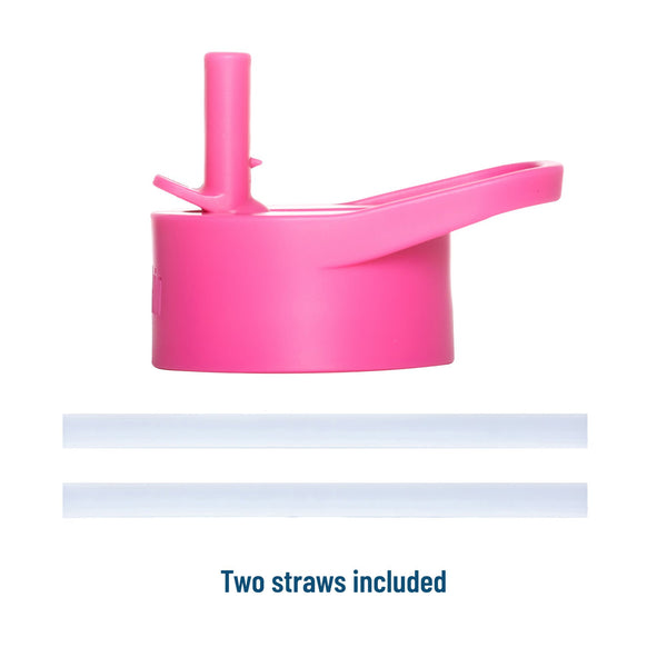 Bright pink reusable tumbler lid with a flip straw and integrated handle, shown above two white straws on a white background with the text 'Two straws included'.
