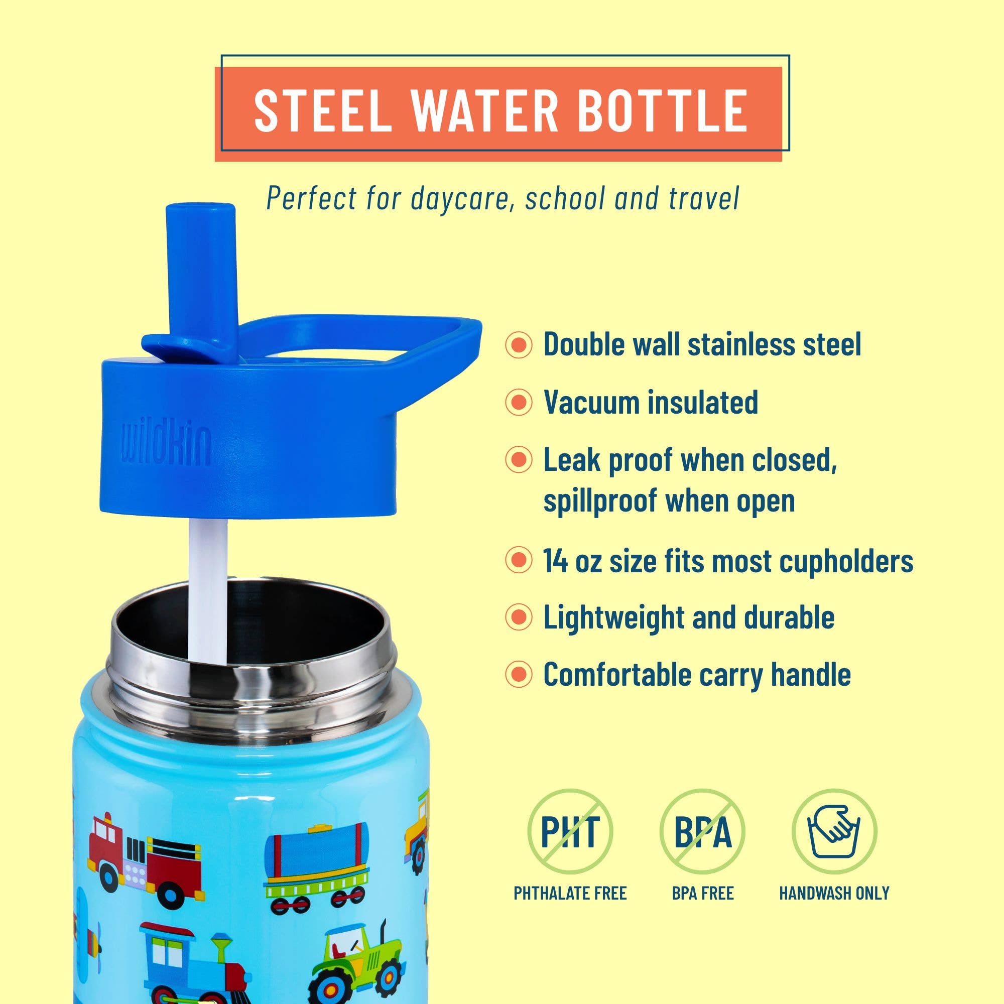 Blue steel water bottle with train design on a yellow background, featuring text about its features.