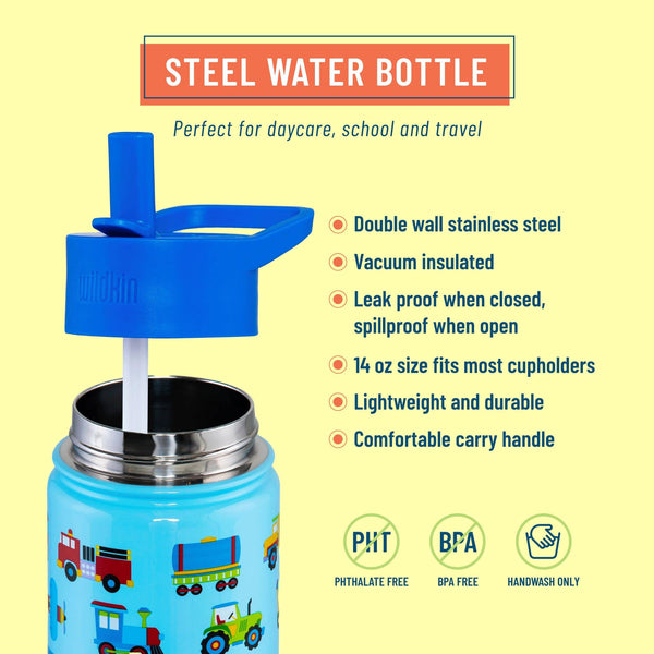 Blue steel water bottle with train design on a yellow background, featuring text about its features.