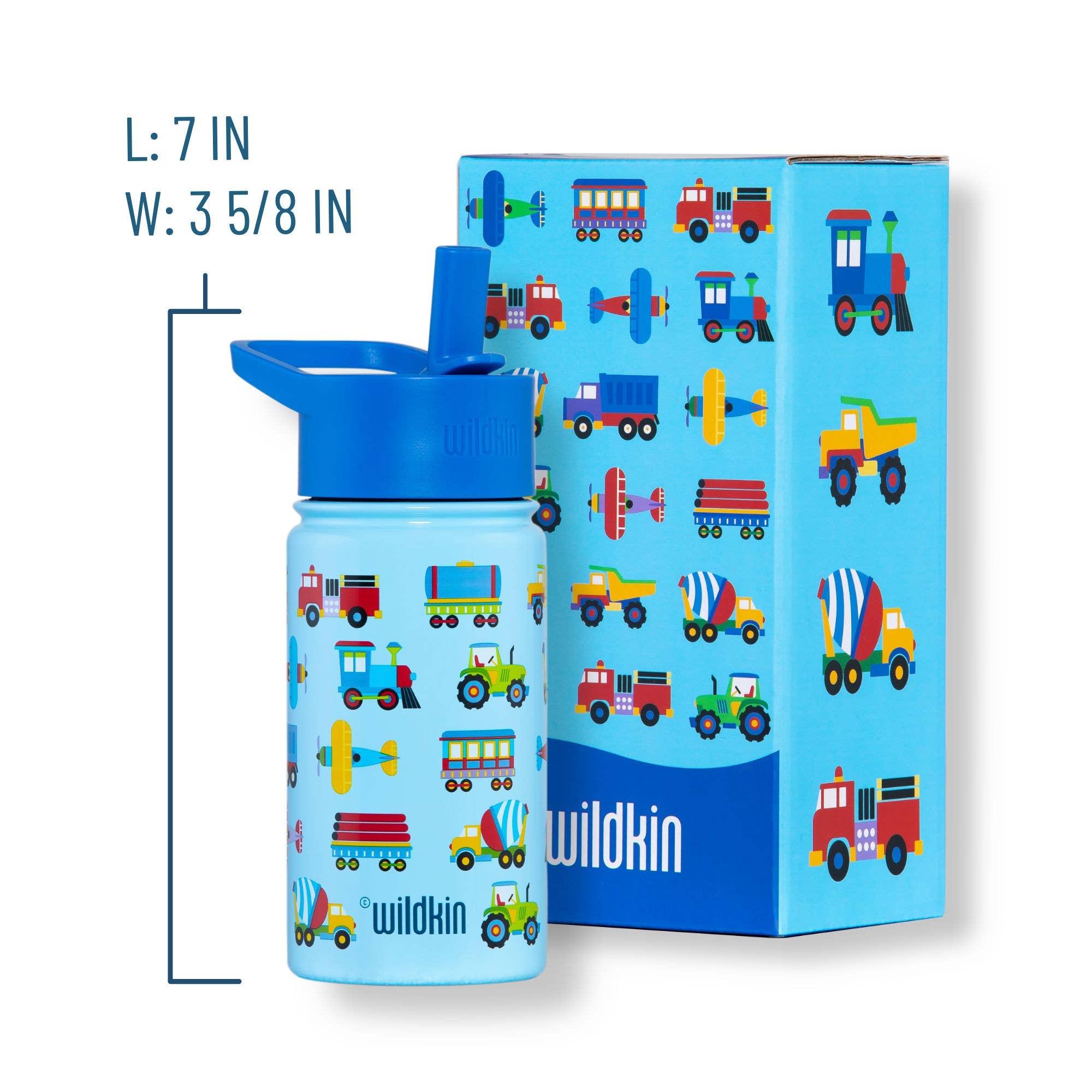 Children's water bottle with blue lid and vehicle pattern, next to its packaging box also featuring vehicle patterns, on a white background.