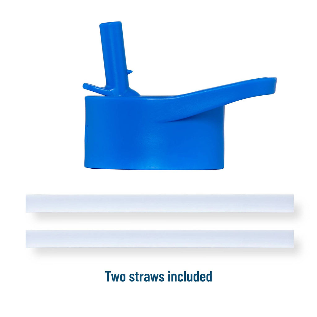 Blue plastic straw holder with two included straws on a white background
