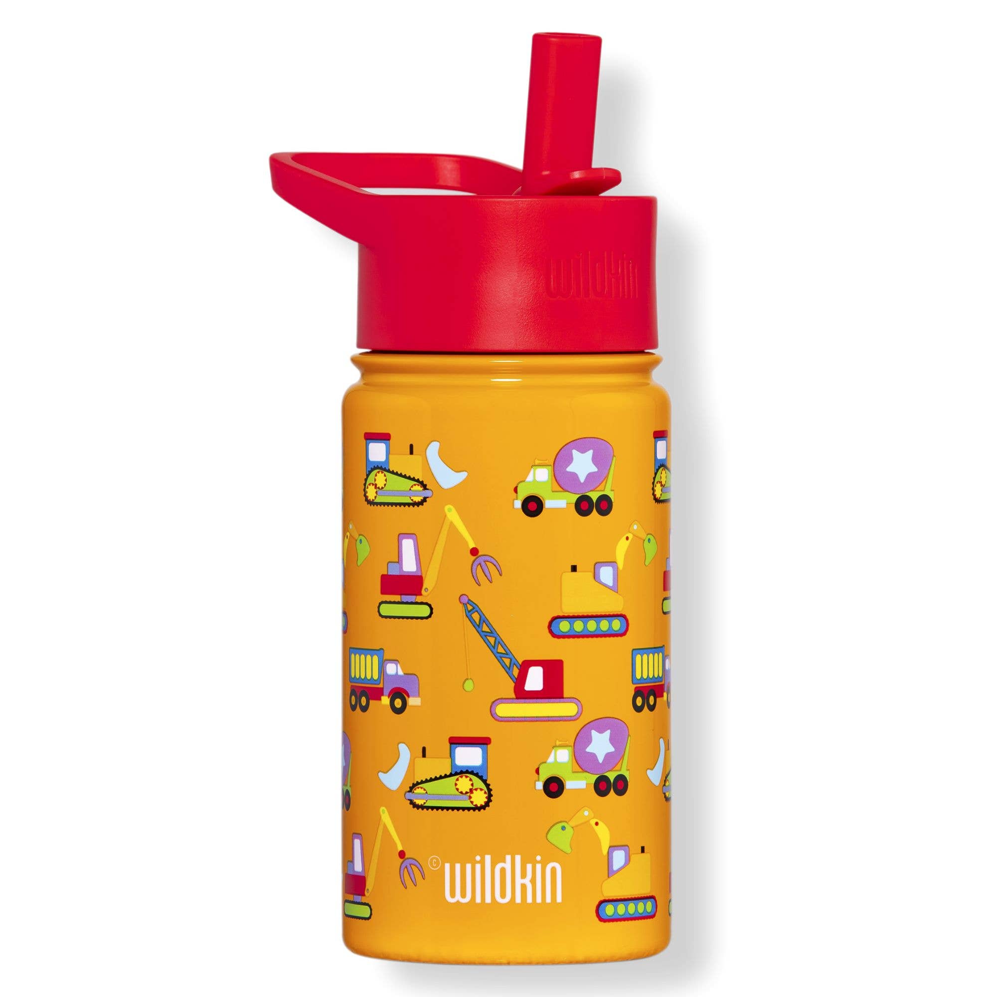 Yellow water bottle with red lid and construction-themed design on a white background