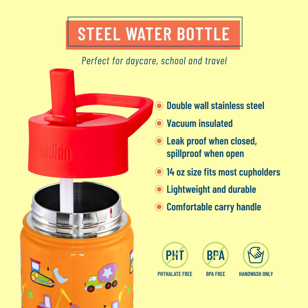 Orange steel water bottle with red lid on a yellow background, featuring product details.