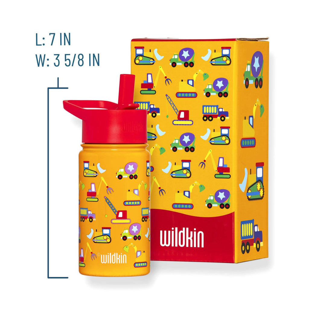Yellow water bottle with red lid and Wildkin logo next to its packaging box on a white background.