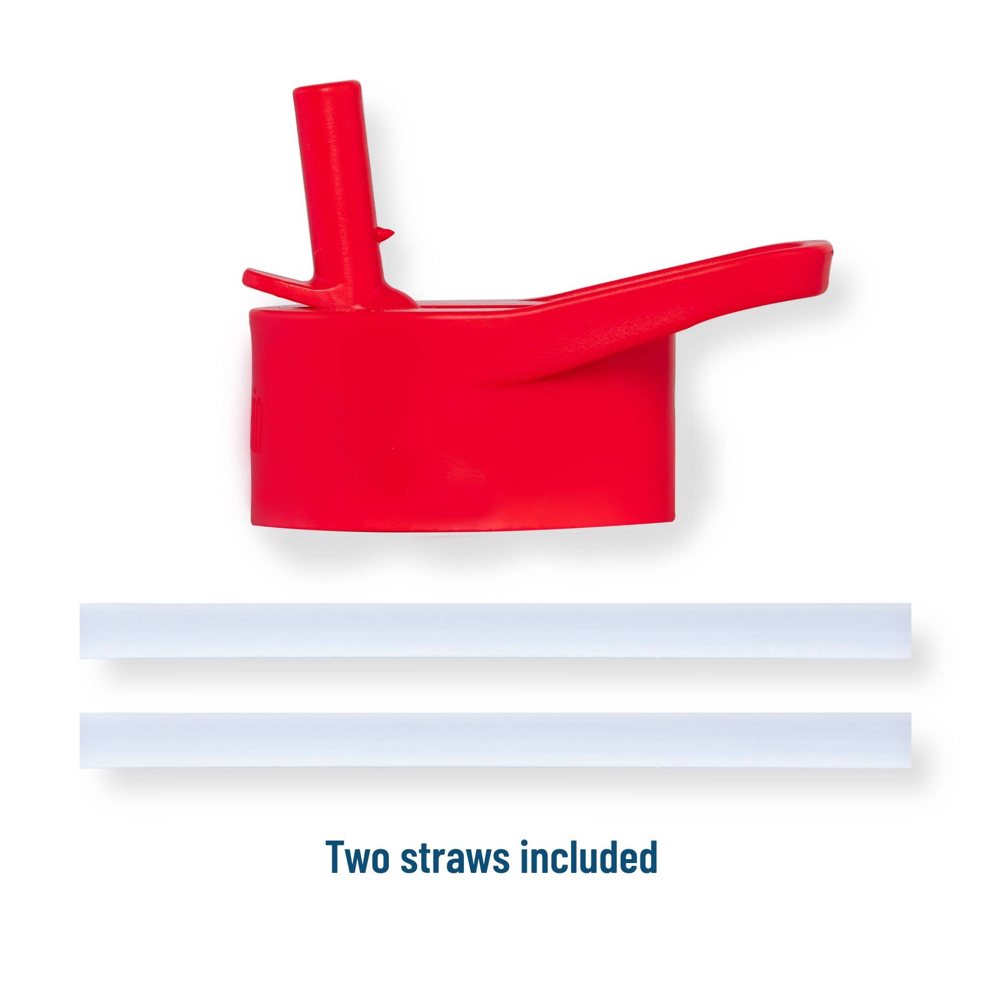 Red plastic straw holder with two included straws on a white background