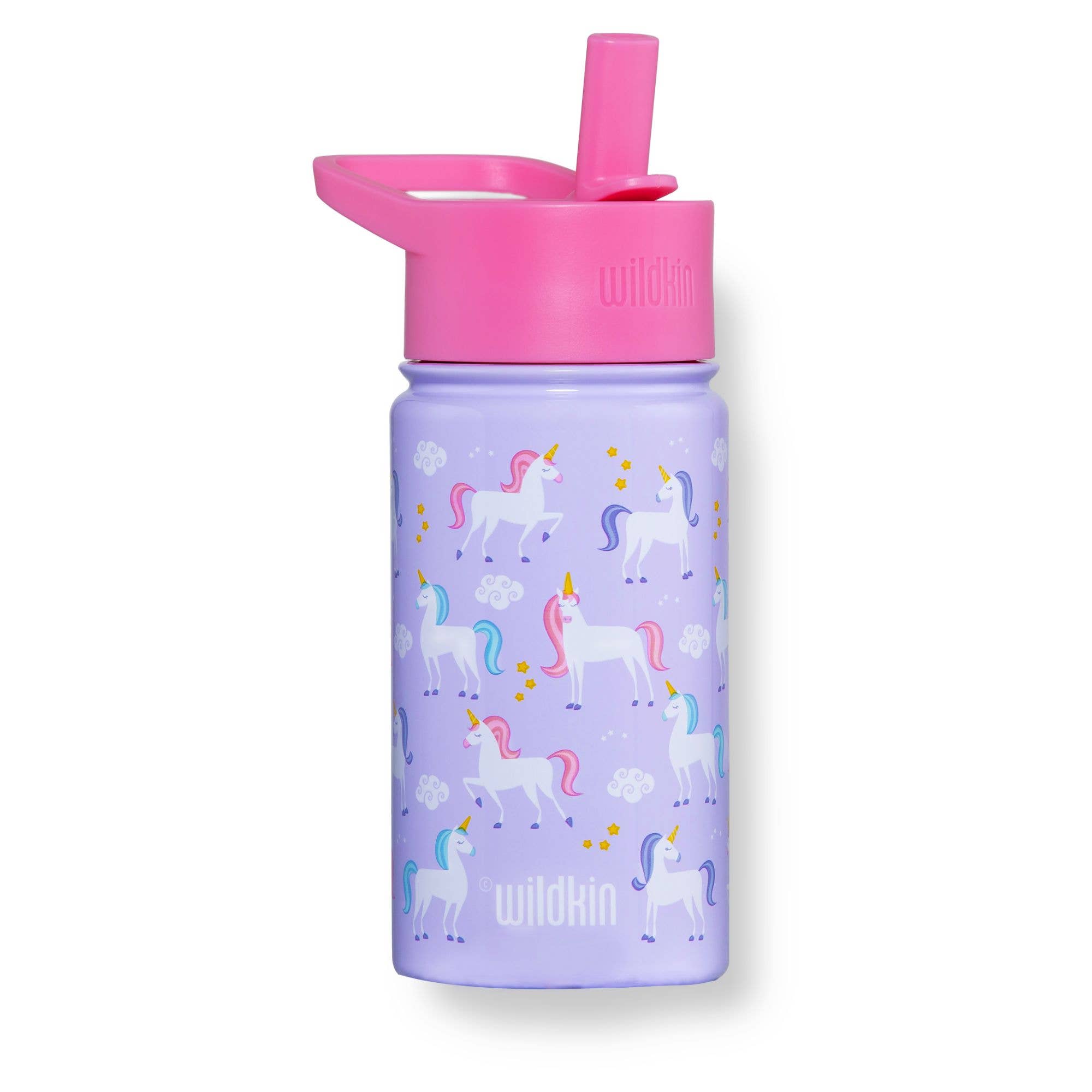Purple water bottle with unicorn design and pink lid on a white background