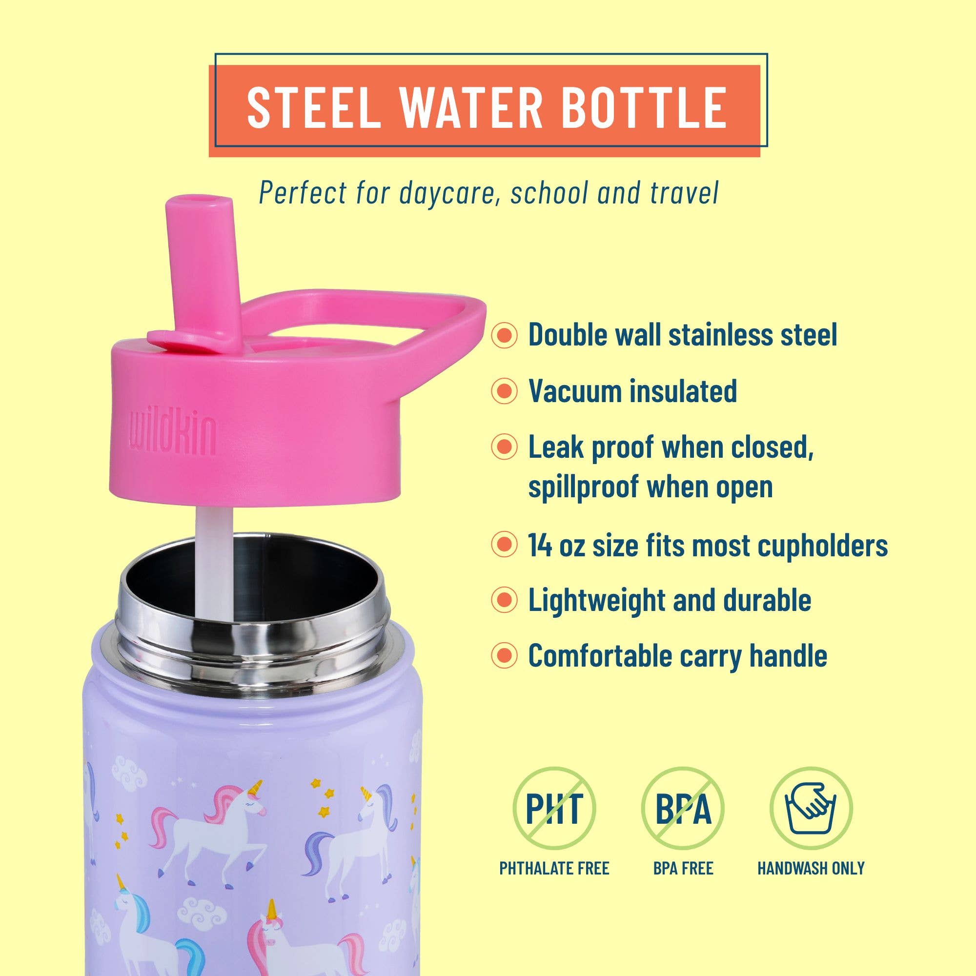 Purple steel water bottle with pink lid and unicorn design on a yellow background