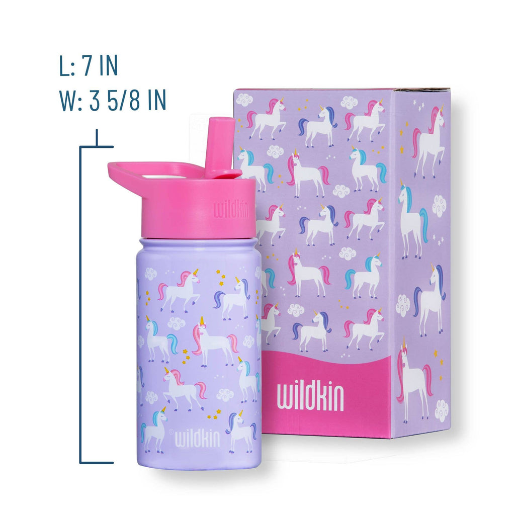 Unicorn-themed water bottle with pink lid and matching packaging on a white background