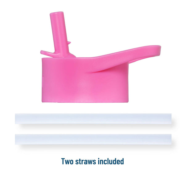 Pink silicone straw lid with two straws on a white background