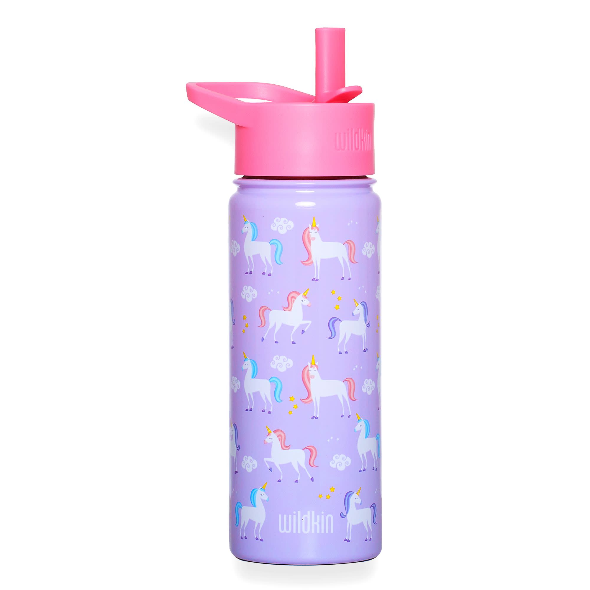 A lavender purple insulated water bottle with a pink lid and straw, decorated with a repeating pattern of white unicorns with pastel pink, blue, and yellow manes and tails, on a white background.