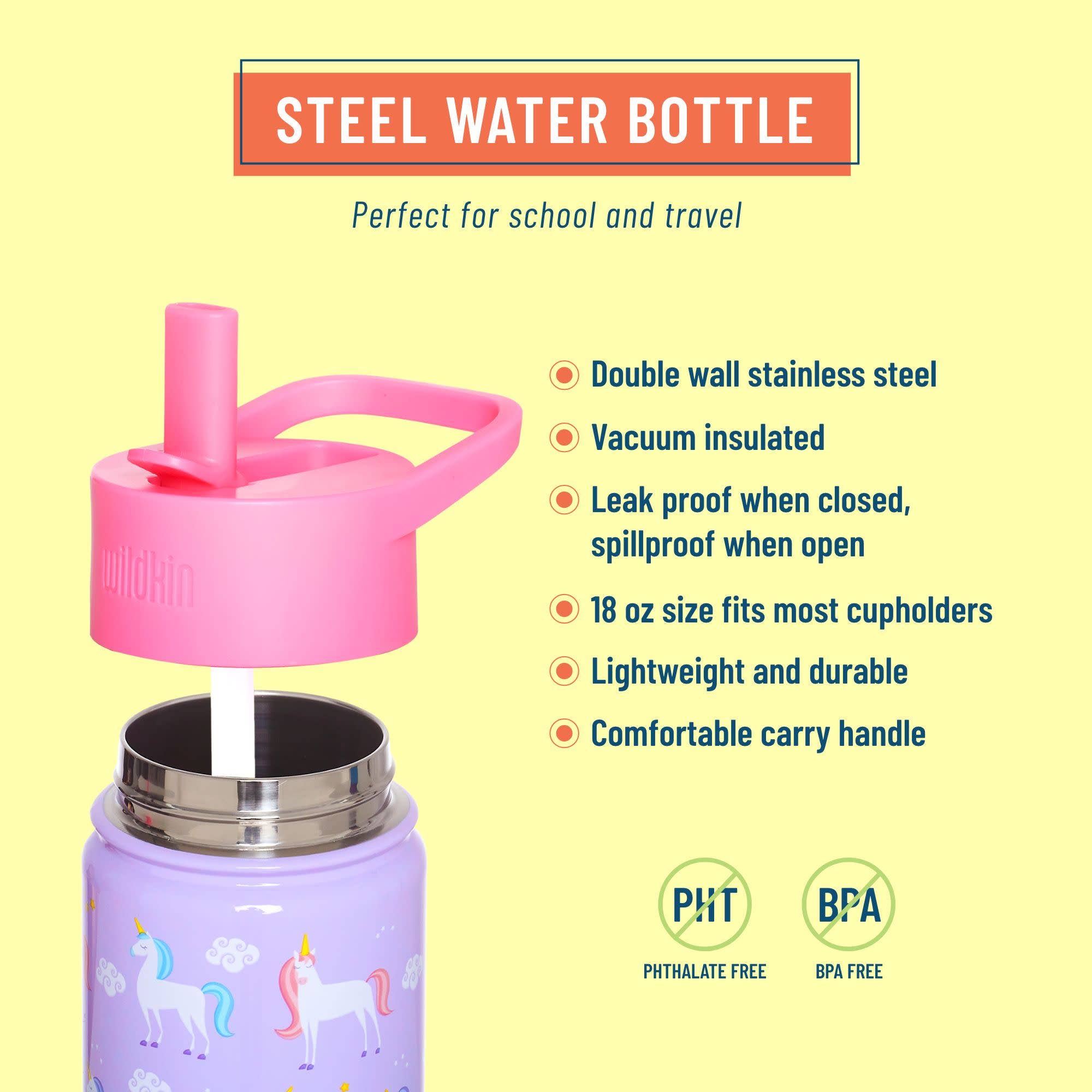 A promotional product graphic for a stainless steel water bottle. The bottle has a lavender purple body with a unicorn pattern, and the lid is a bright pink with a carry handle and straw.