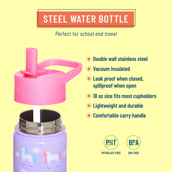 A promotional product graphic for a stainless steel water bottle. The bottle has a lavender purple body with a unicorn pattern, and the lid is a bright pink with a carry handle and straw.