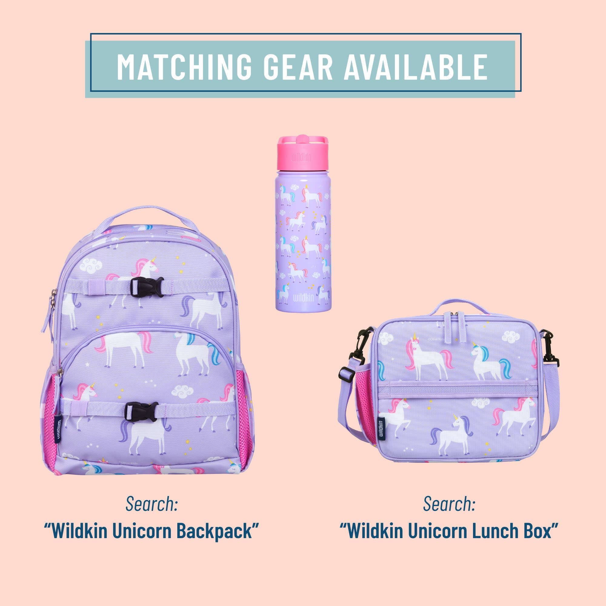 A matching school lunch set featuring a light purple backpack, a matching water bottle, and a lunch box, all printed with a whimsical unicorn and cloud pattern. The image is set against a solid pale peach background with a teal banner at the top reading 'MATCHING GEAR AVAILABLE' and text labels identifying the items.