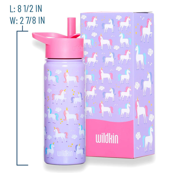 A lavender insulated water bottle with a pink lid and straw, printed with white unicorns and pastel rainbow details, shown next to its matching lavender and pink Wildkin box. Text on the left indicates dimensions: 8 1/2 inches tall by 2 7/8 inches wide.