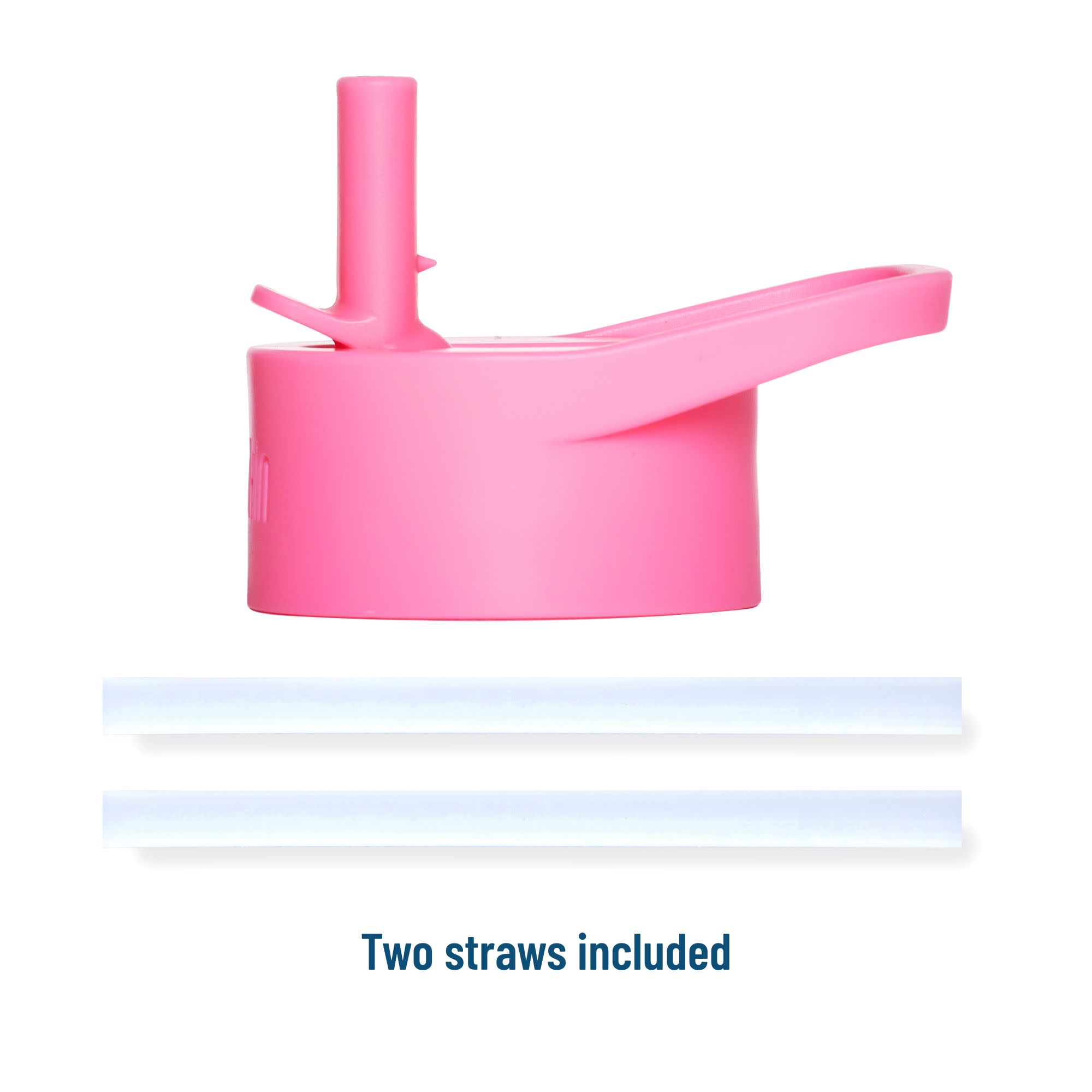 A bright pink reusable tumbler lid with a spout and straw opening, shown on a white background with two translucent straw pieces below and the text 'Two straws included'.