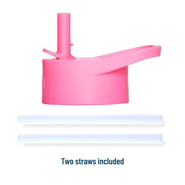 A bright pink reusable tumbler lid with a spout and straw opening, shown on a white background with two translucent straw pieces below and the text 'Two straws included'.