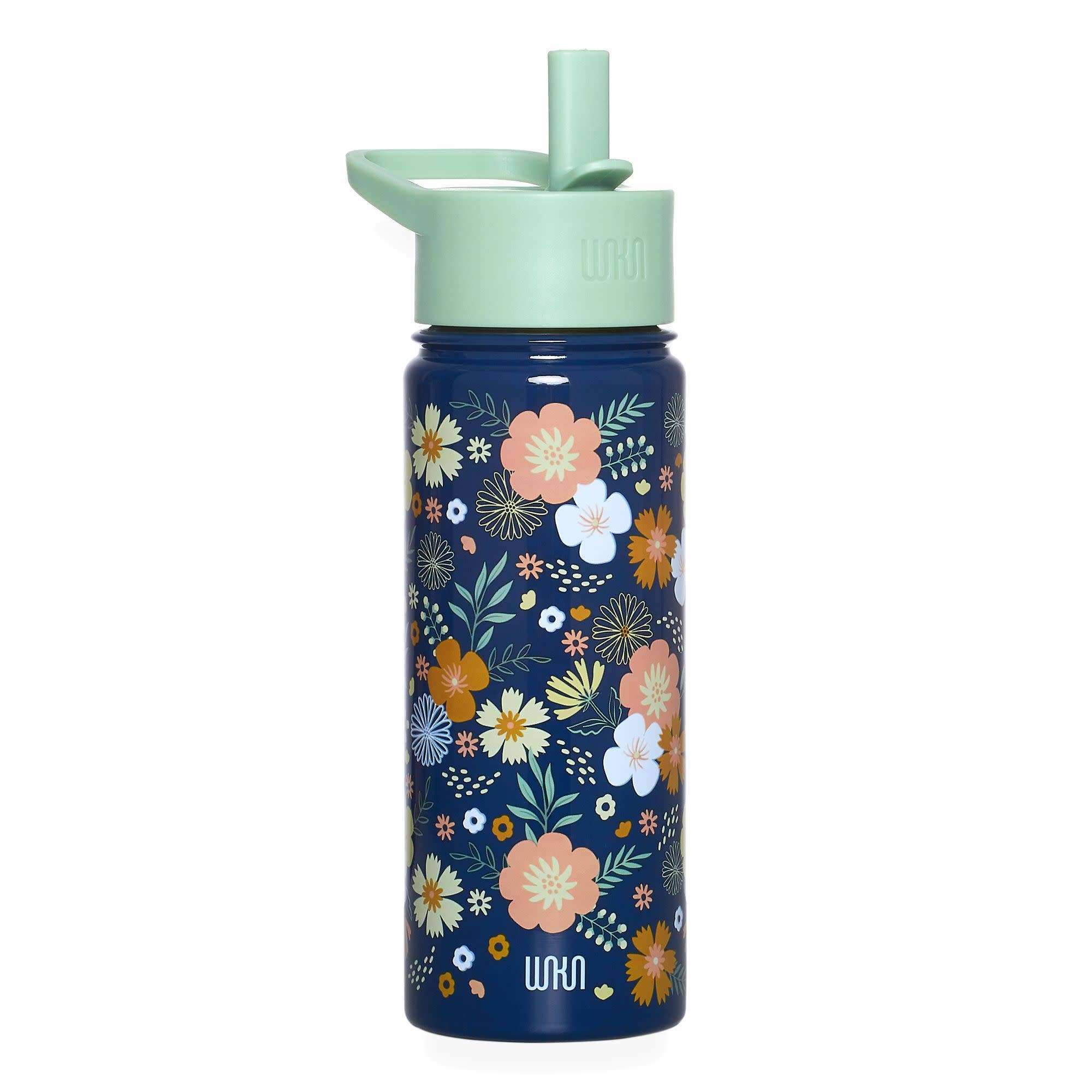 Floral-patterned water bottle with a green lid on a white background