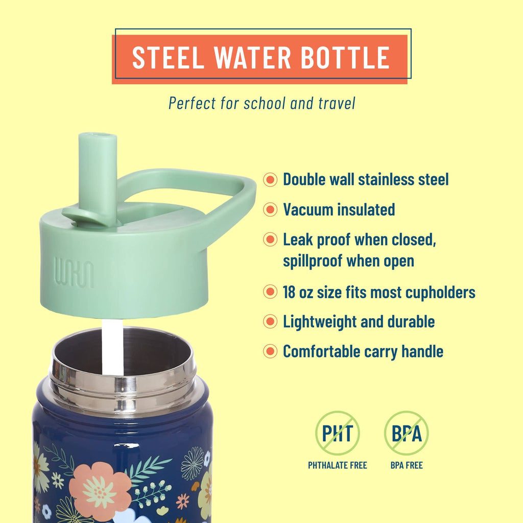 Steel water bottle with green lid on a yellow background, featuring product details.