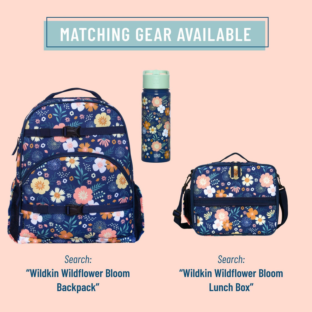Floral backpack, water bottle, and lunch box set on a pink background with text indicating matching gear.