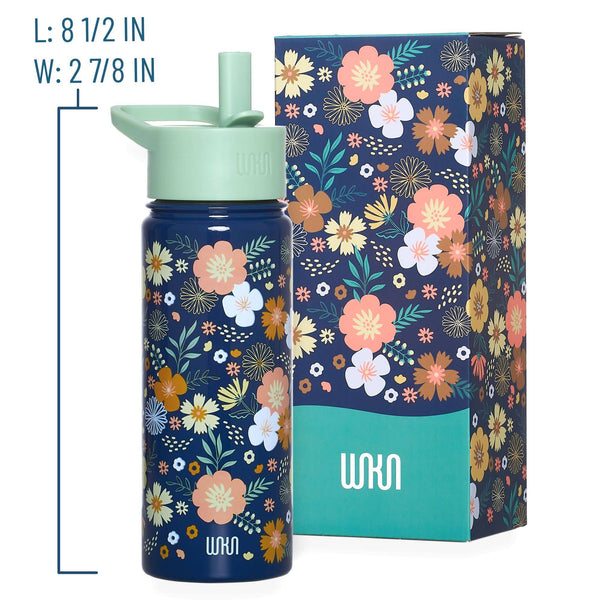 Floral-patterned water bottle with measurements and WKA branding next to its packaging.