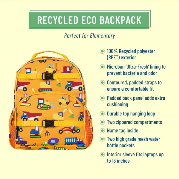 An orange recycled eco backpack with a colorful cartoon vehicle print, shown on a pale yellow background with green and blue text detailing its eco-friendly features.