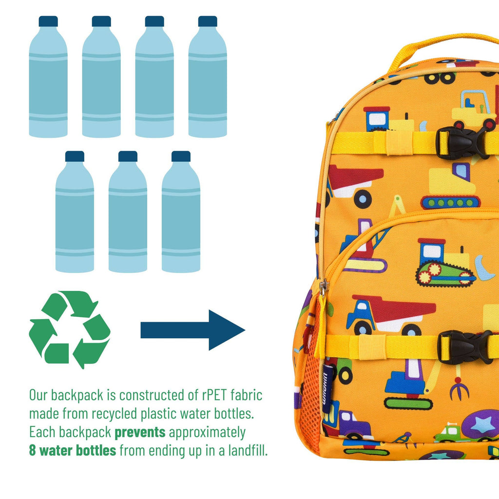 A children's backpack made of recycled PET fabric, featuring a colorful cartoon construction vehicle print on a bright yellow-orange background. The image includes graphic illustrations of water bottles, a recycling symbol, and text explaining that each backpack prevents approximately 8 water bottles from ending up in a landfill.
