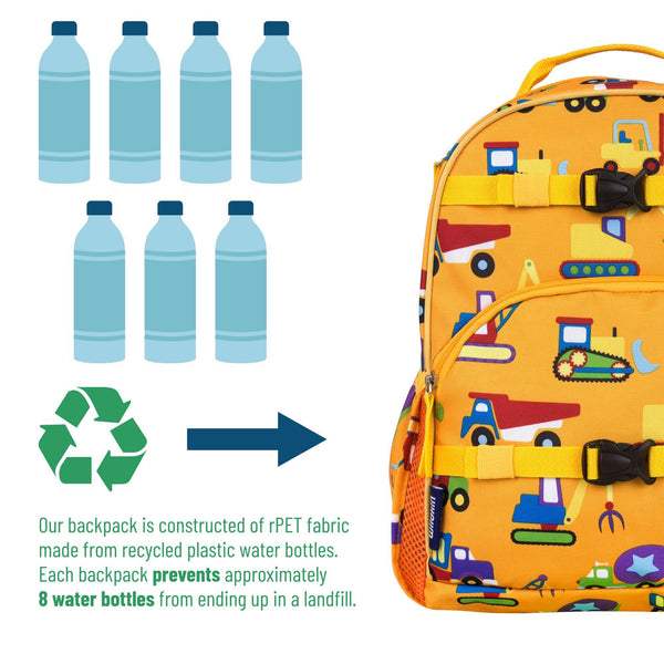 A children's backpack made of recycled PET fabric, featuring a colorful cartoon construction vehicle print on a bright yellow-orange background. The image includes graphic illustrations of water bottles, a recycling symbol, and text explaining that each backpack prevents approximately 8 water bottles from ending up in a landfill.