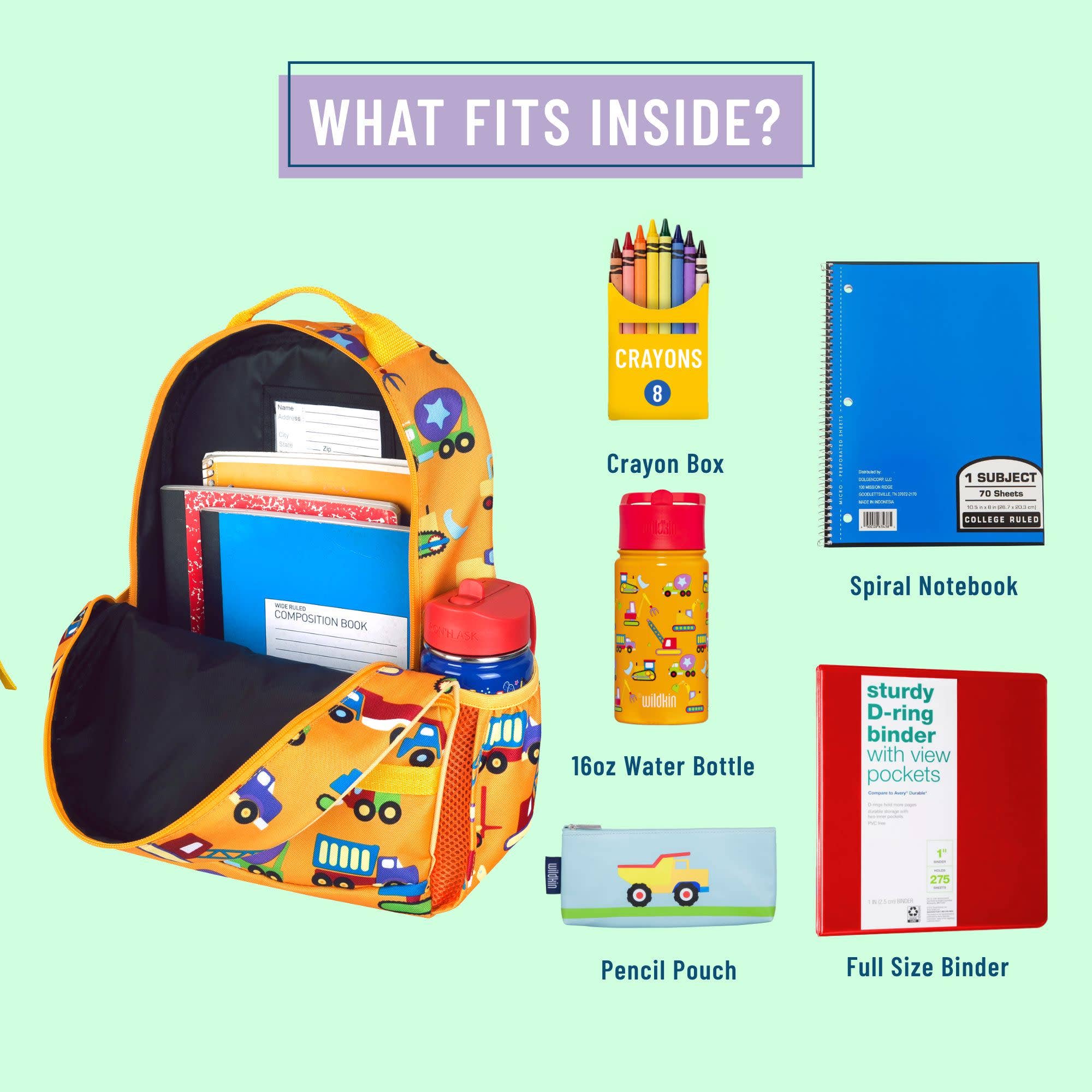 An open yellow school backpack with a bus print is shown on a light mint background with labeled items inside: a crayon box, spiral notebook, water bottle, pencil pouch, and full size binder.